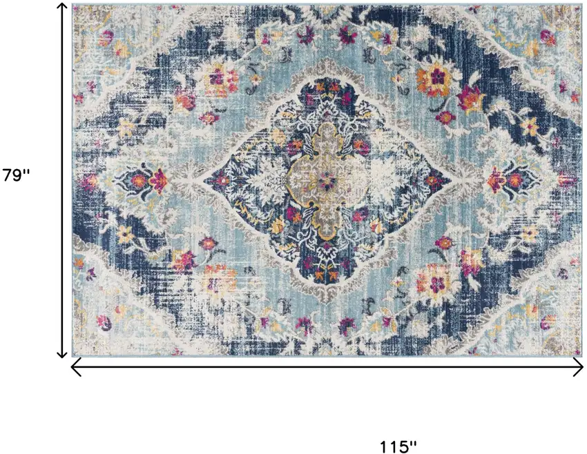 Blue and Ivory Medallion Area Rug Photo 3