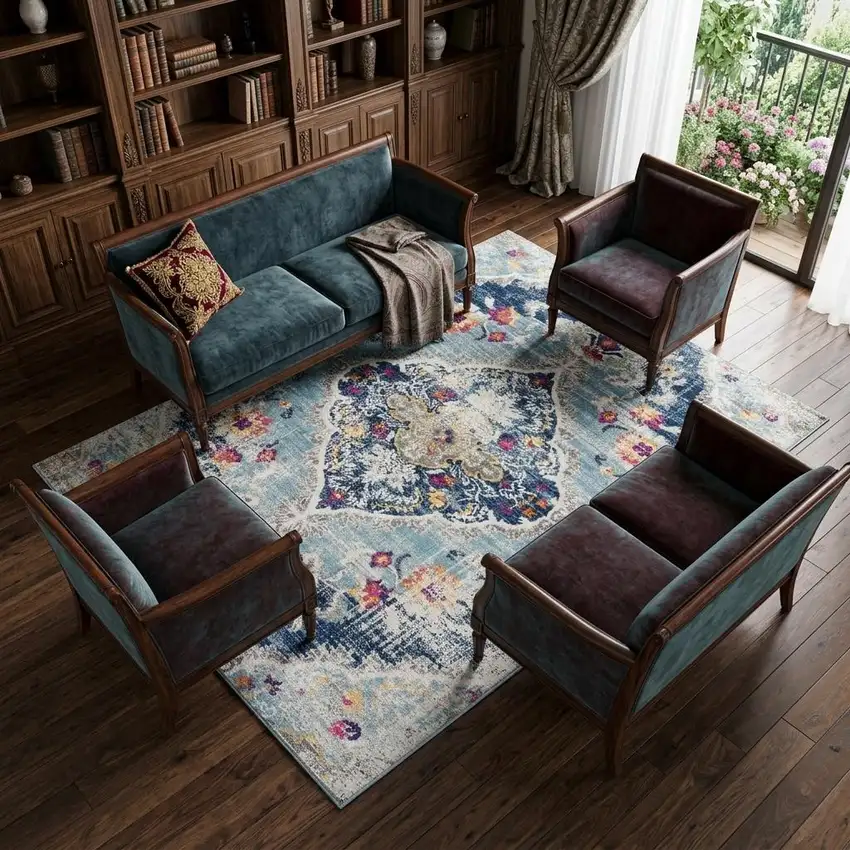 Blue and Ivory Medallion Area Rug Photo 1