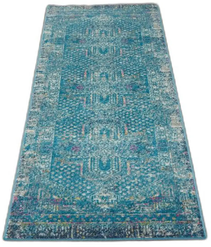 Blue Distressed Medallion Runner Rug Photo 9