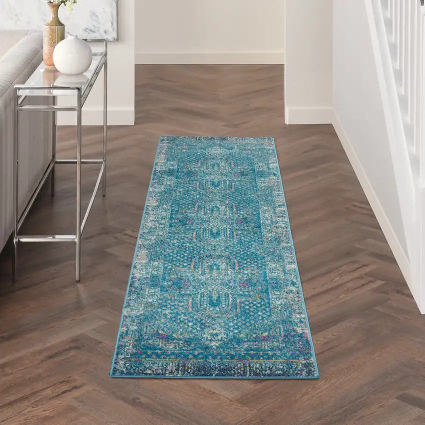 8' Blue Southwestern Power Loom Runner Rug Photo 6