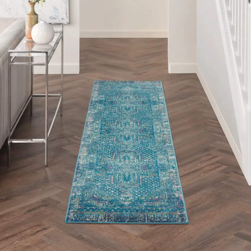 Blue Distressed Medallion Runner Rug Photo 6