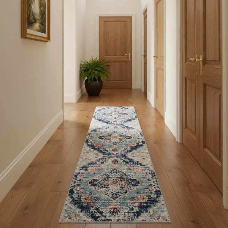 Blue Distressed Medallion Runner Rug Photo 3