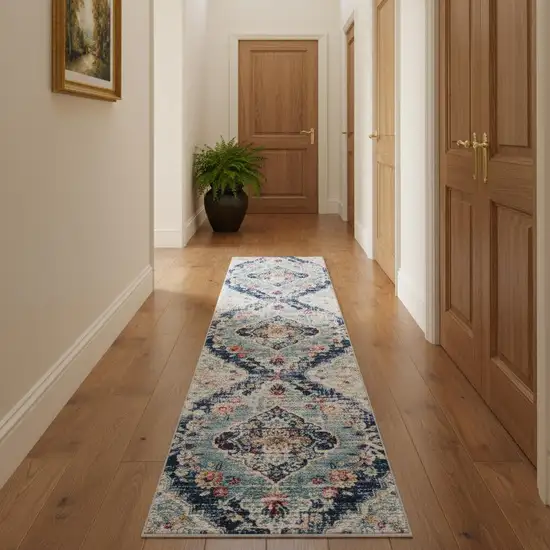 10' Blue And Ivory Medallion Runner Rug Photo 1