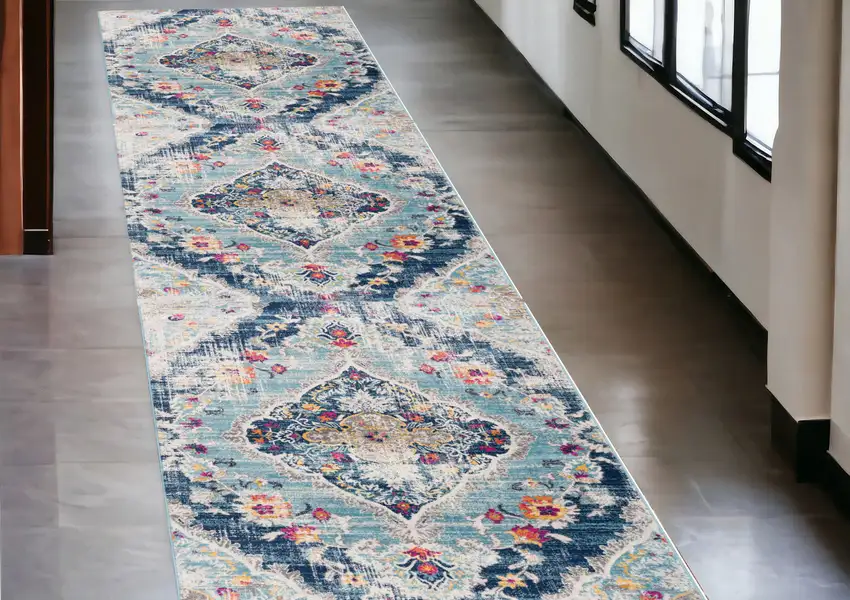 10' Blue Oriental Dhurrie Runner Rug Photo 1