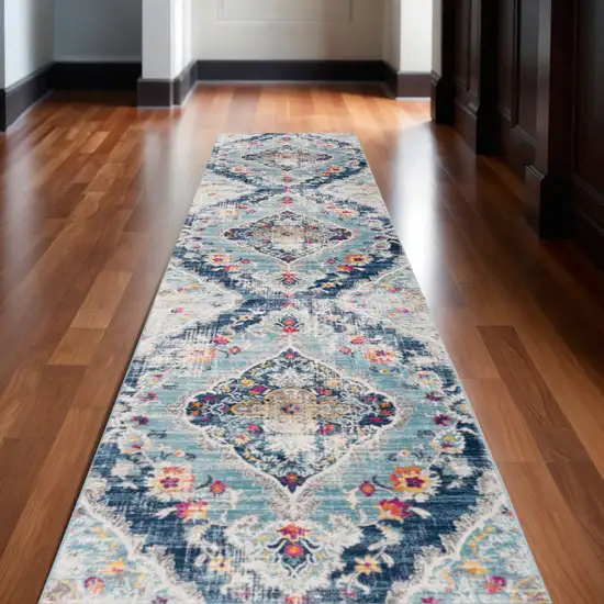 13' Blue and Ivory Medallion Distressed Runner Rug Photo 1