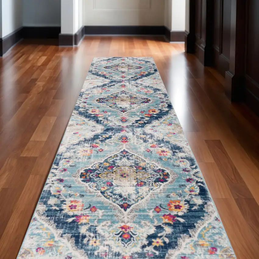 13' Blue and Ivory Medallion Distressed Runner Rug Photo 1