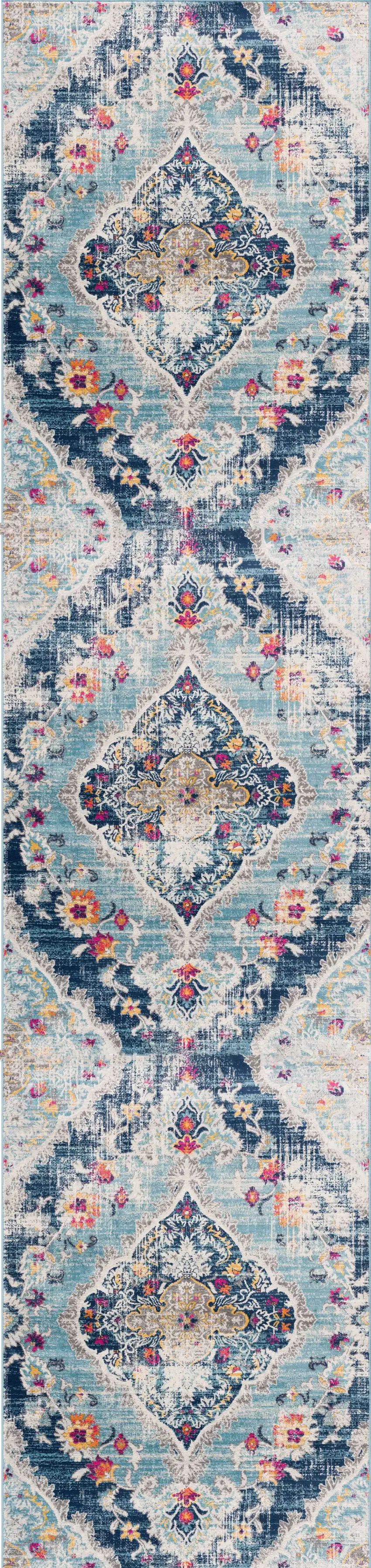Blue and Ivory Medallion Runner Rug Photo 7