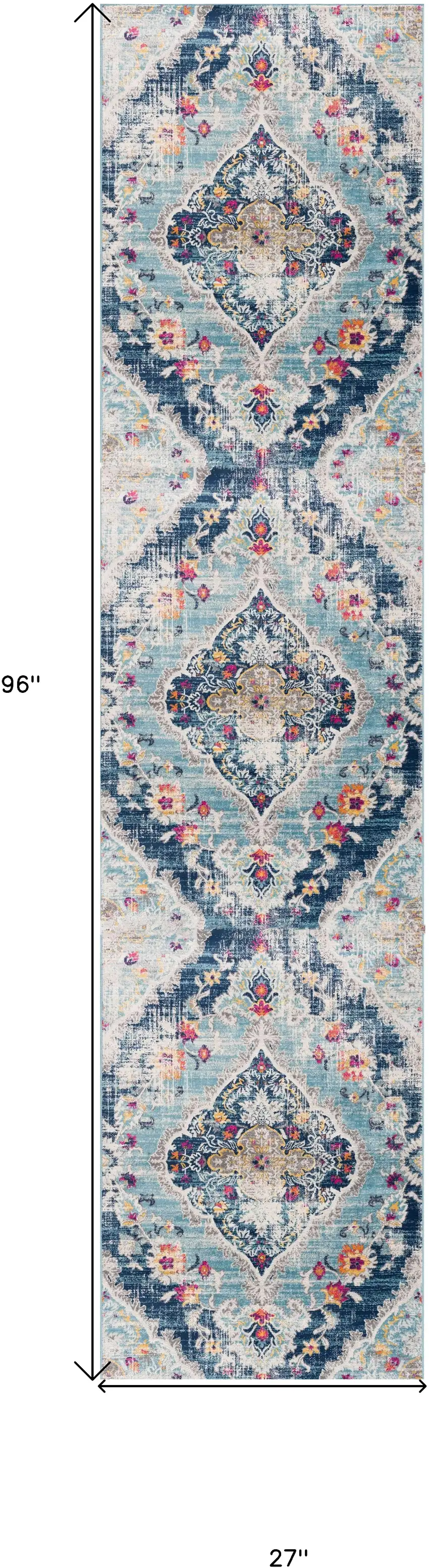 Blue and Ivory Medallion Runner Rug Photo 6