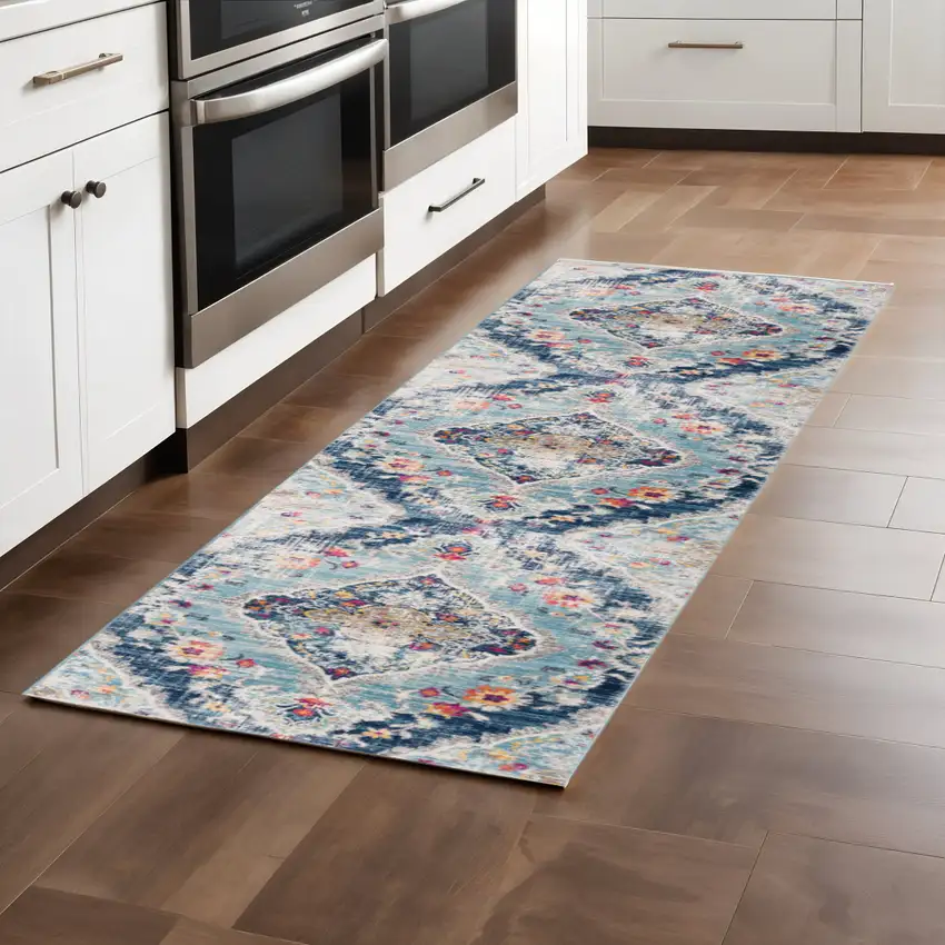 8' Blue And Ivory Medallion Runner Rug Photo 1