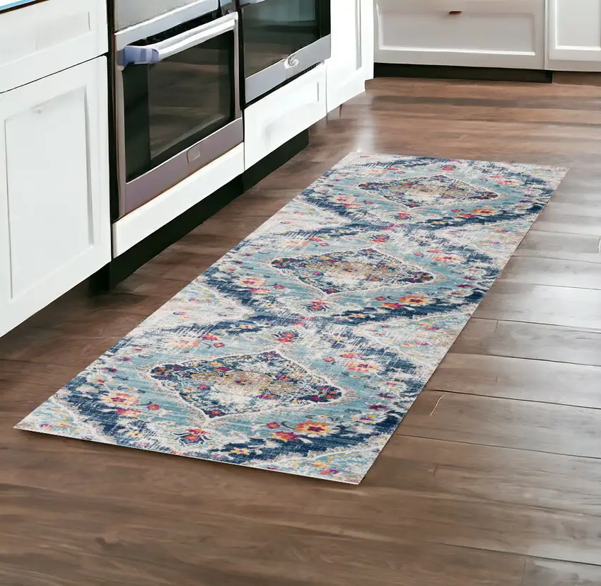 8' Blue Oriental Dhurrie Runner Rug Photo 1