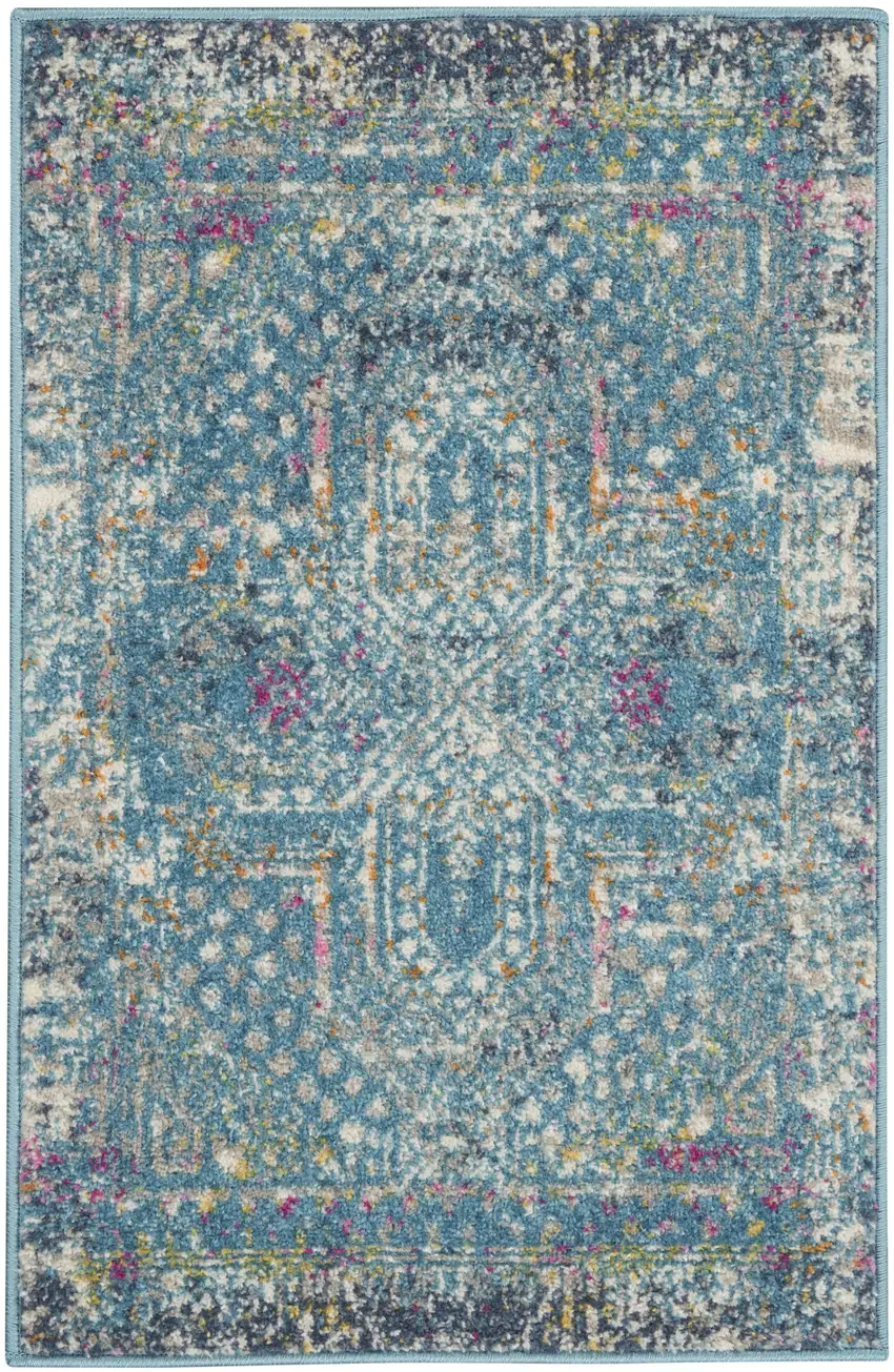Blue And Ivory Southwestern Distressed Area Rug Photo 1