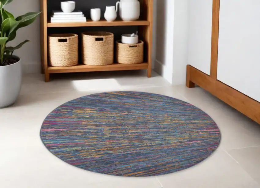 5' Blue And Orange Abstract Distressed Round Rug Photo 2