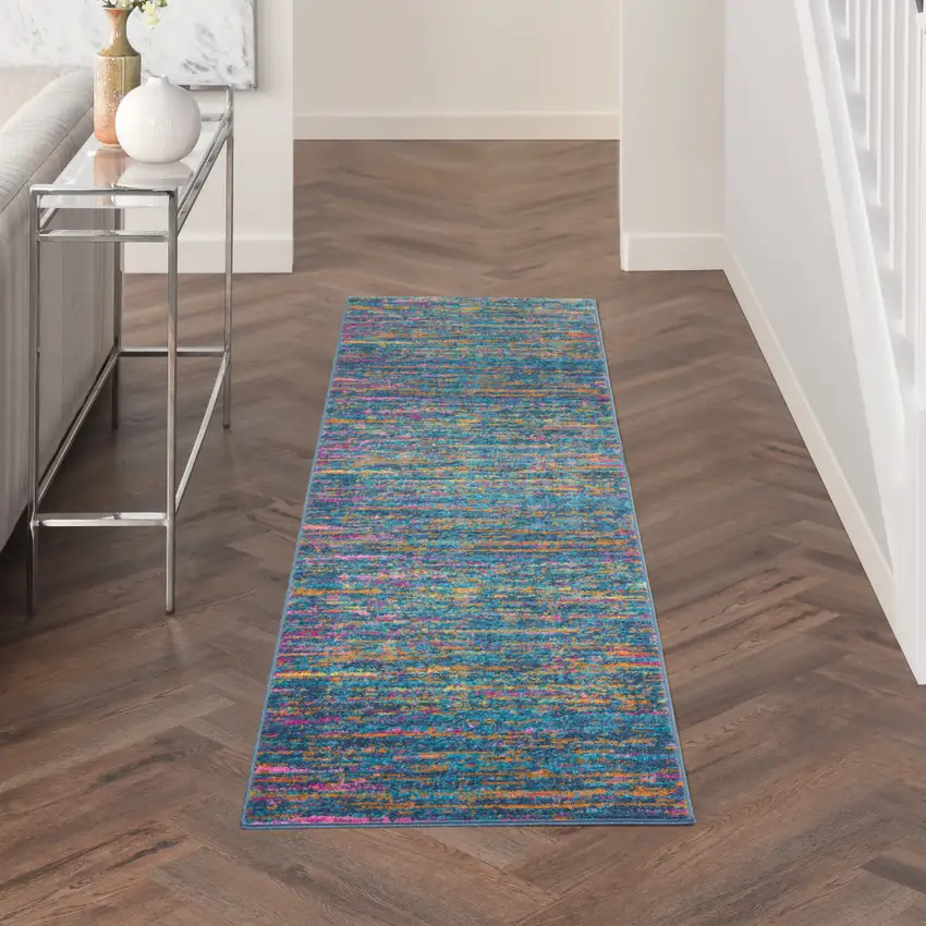 10' Blue And Orange Abstract Distressed Runner Rug Photo 7