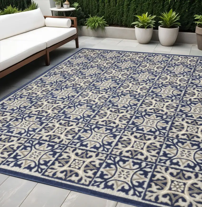 Blue Fleur De Lis Stain Resistant Non Skid Area Rug Photo 1