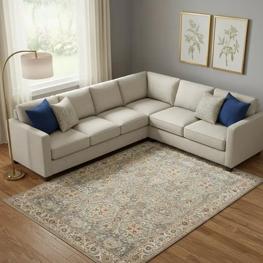 Blue Floral Distressed Area Rug Photo 1