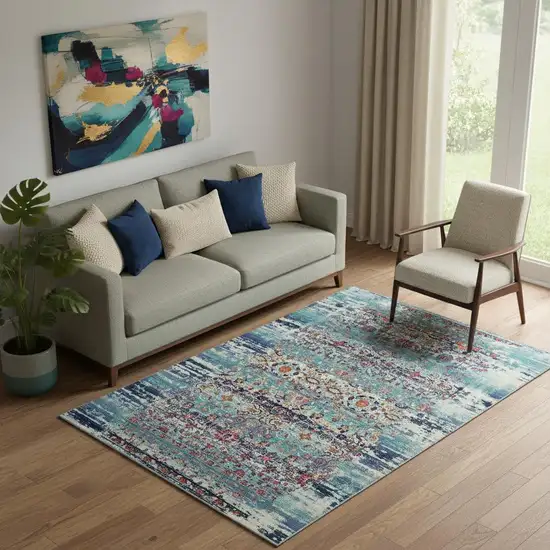 Blue Floral Distressed Area Rug Photo 1
