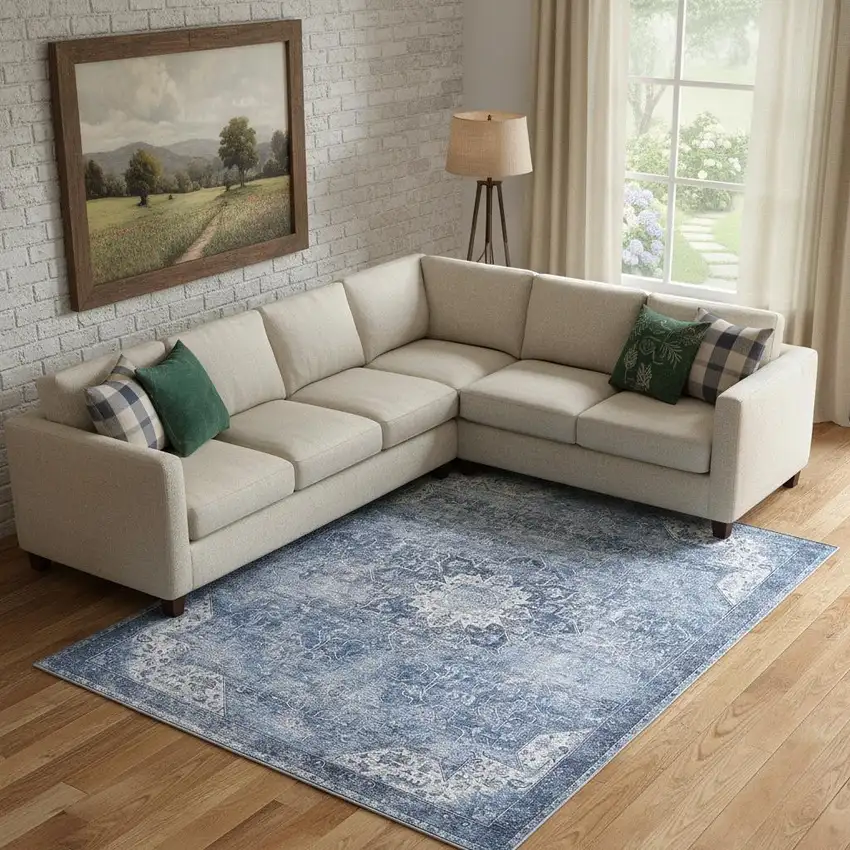 Blue Floral Distressed Area Rug Photo 1