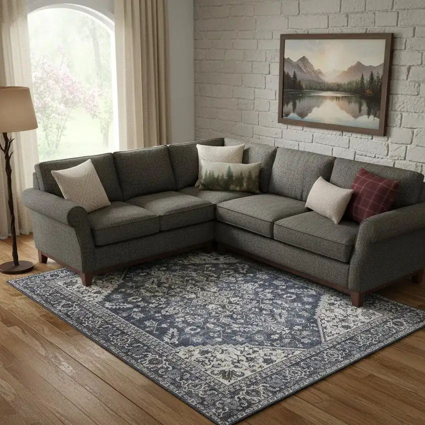 Blue Floral Distressed Area Rug Photo 1