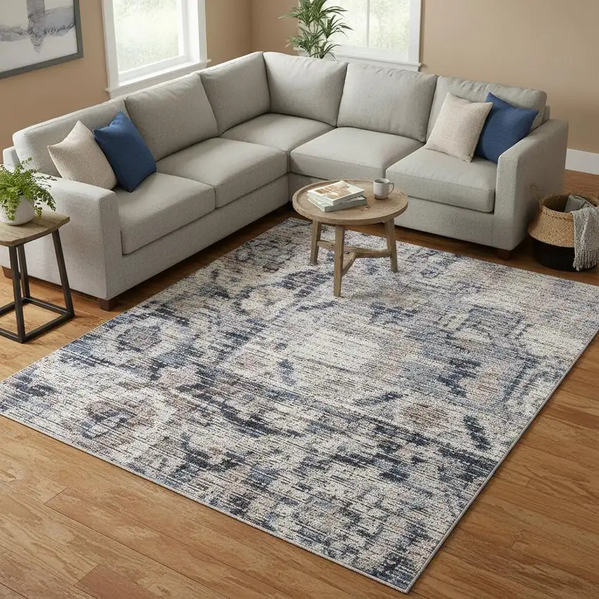 Blue Floral Distressed Area Rug Photo 1