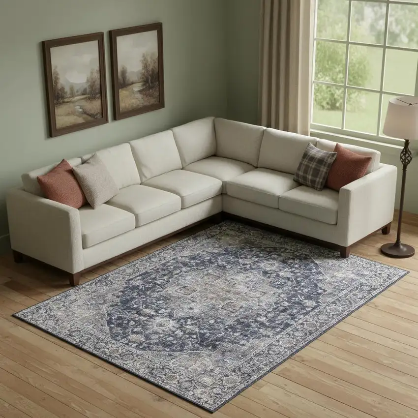 Blue Floral Distressed Area Rug Photo 1