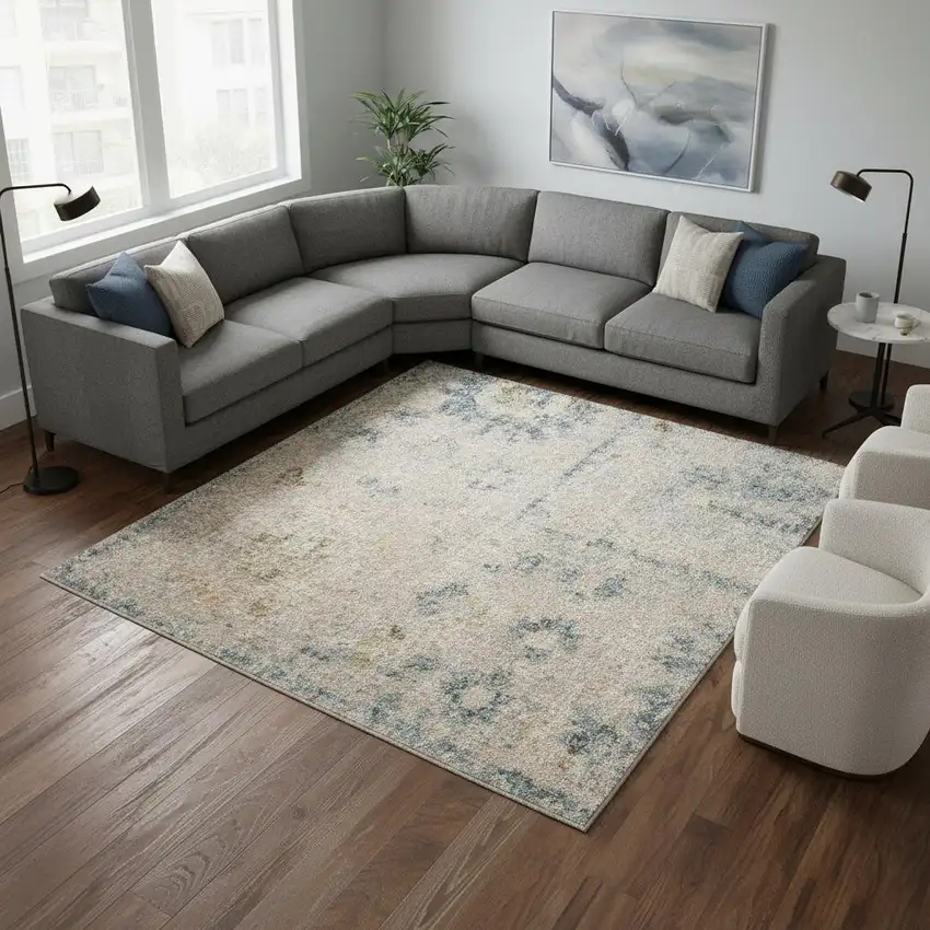 Blue Floral Distressed Area Rug Photo 1