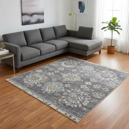 Blue Floral Distressed Area Rug Photo 1