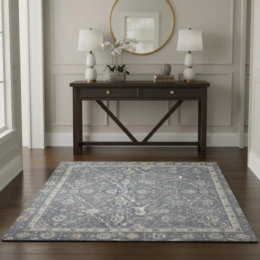 Blue Floral Distressed Area Rug Photo 1