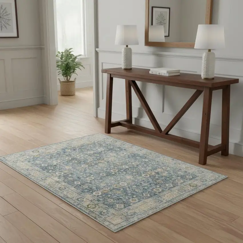 Blue Floral Distressed Area Rug Photo 1