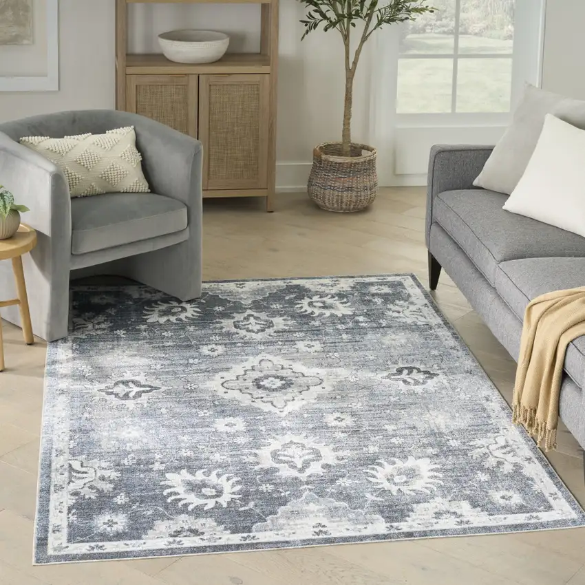 Blue Floral Distressed Area Rug Photo 5