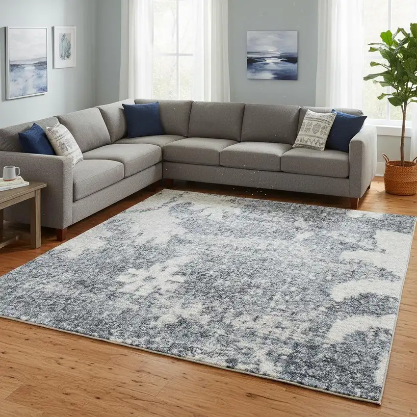Blue Floral Distressed Area Rug Photo 1