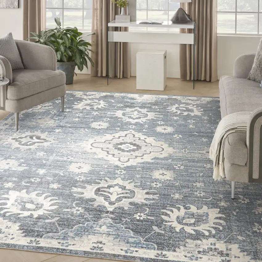 Blue Floral Distressed Area Rug Photo 5