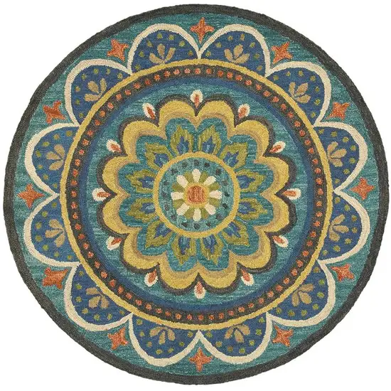 6' Blue Round Wool Geometric Hand Tufted Area Rug Photo 4