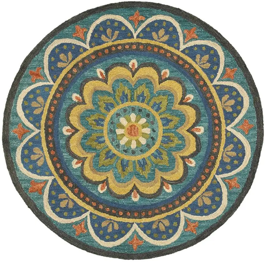 6' Blue Round Wool Geometric Hand Tufted Area Rug Photo 4