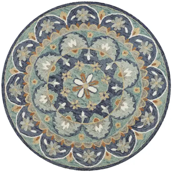 6' Blue And Green Round Wool Floral Hand Tufted Area Rug Photo 3