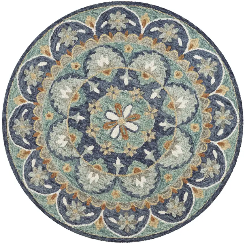 6' Blue And Green Round Wool Floral Hand Tufted Area Rug Photo 3