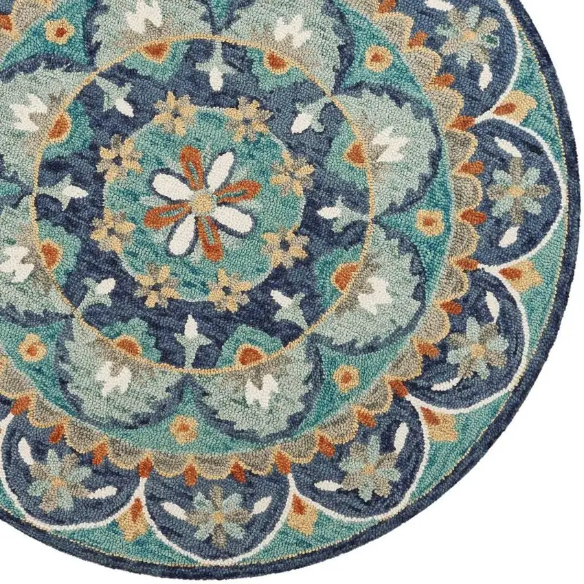 6' Blue And Green Round Wool Floral Hand Tufted Area Rug Photo 8