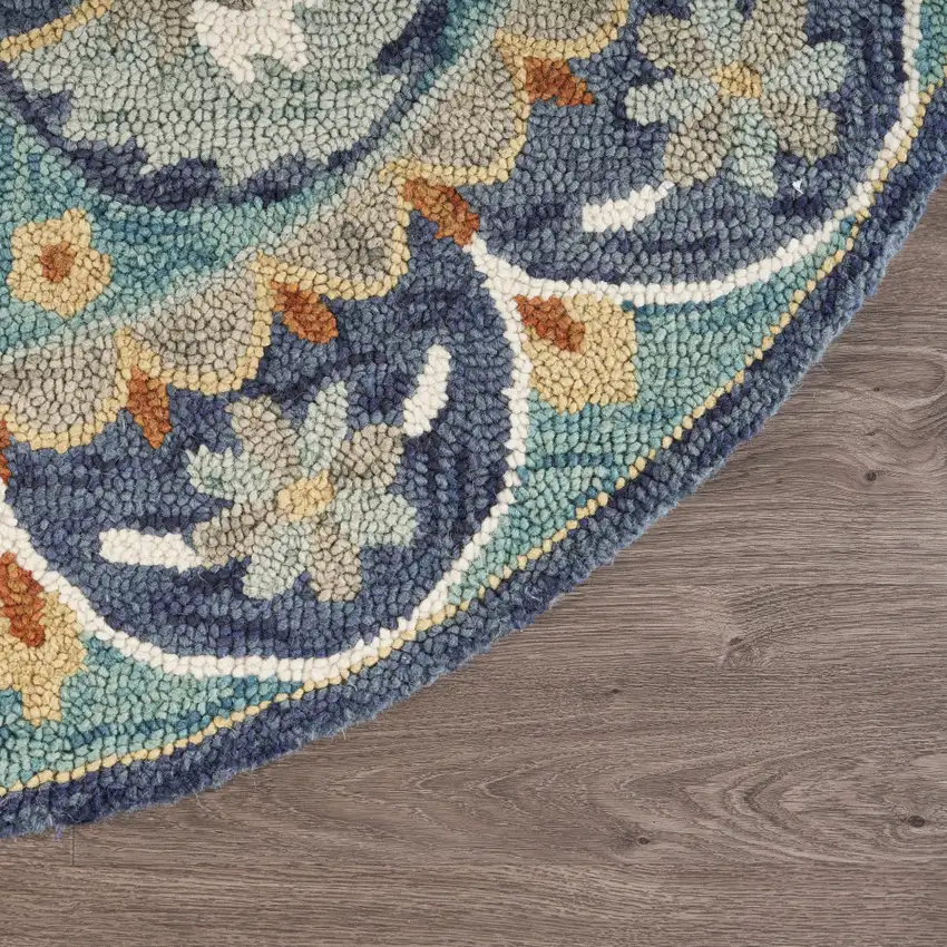 6' Blue And Green Round Wool Floral Hand Tufted Area Rug Photo 9
