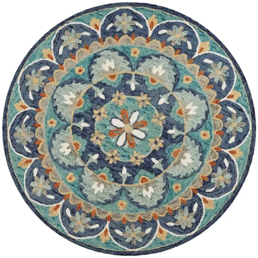 6' Blue And Green Round Wool Floral Hand Tufted Area Rug Photo 9