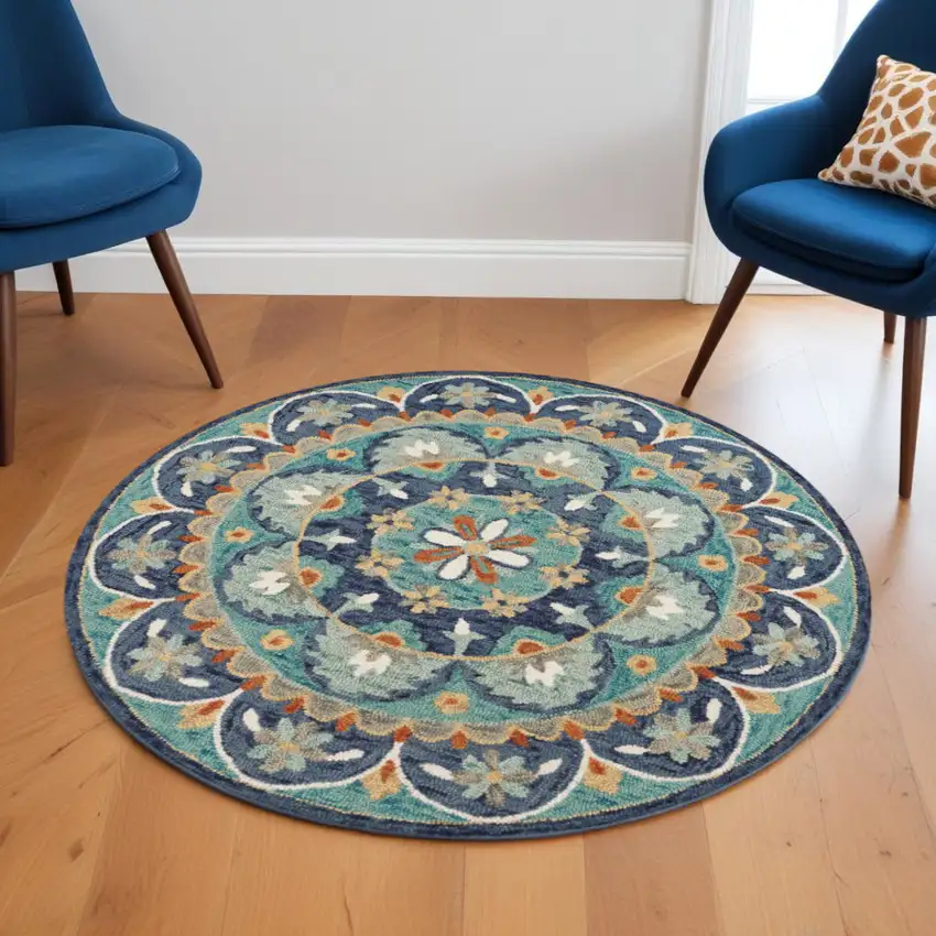 6' Blue And Green Round Wool Floral Hand Tufted Area Rug Photo 1