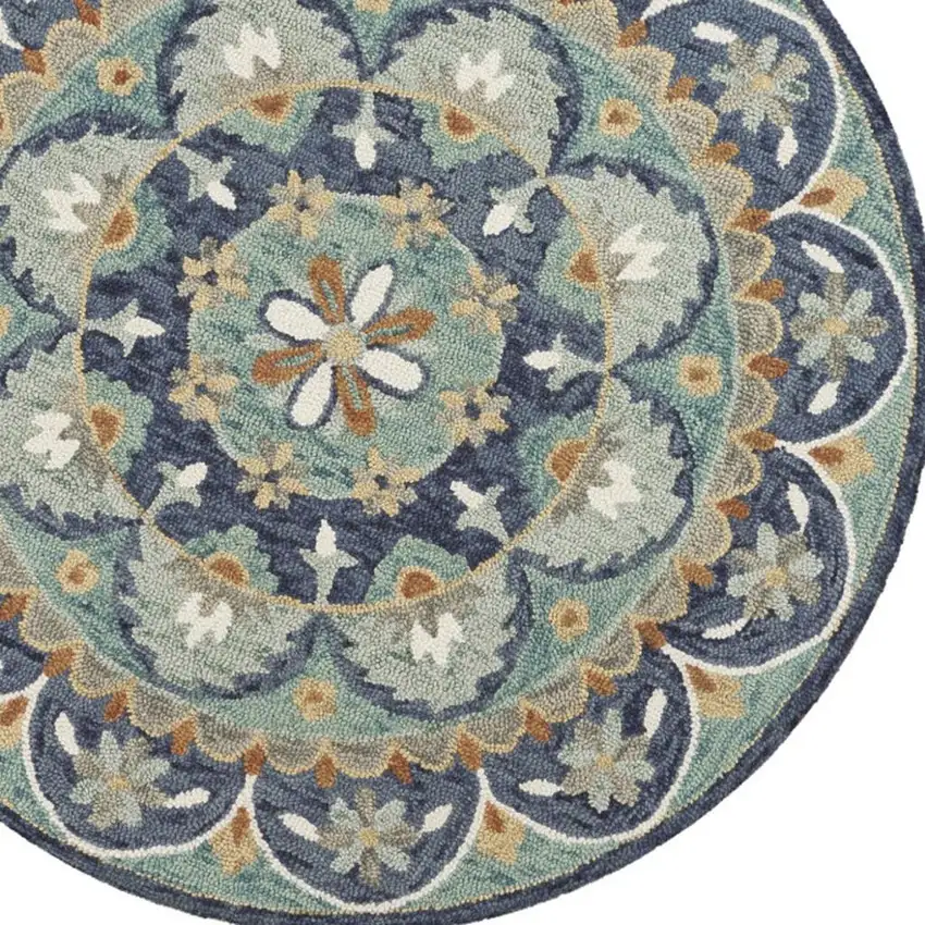 6' Blue And Green Round Wool Floral Hand Tufted Area Rug Photo 4