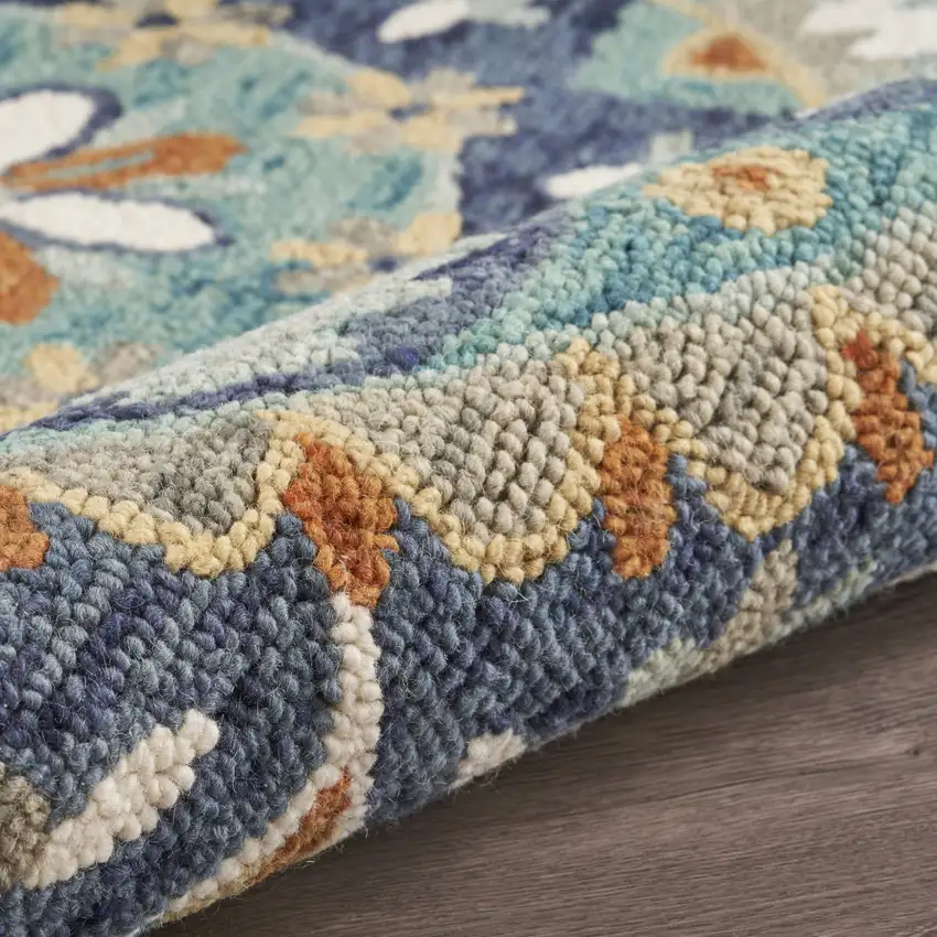 6' Blue And Green Round Wool Floral Hand Tufted Area Rug Photo 8