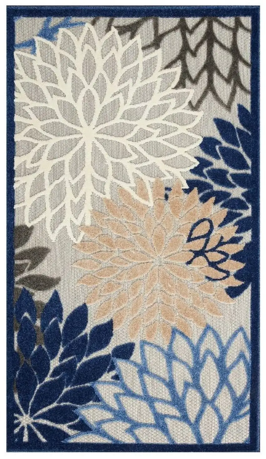 Blue Floral Non Skid Indoor Outdoor Area Rug Photo 1