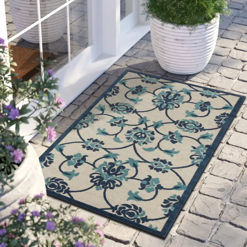 Blue Floral Non Skid Indoor Outdoor Area Rug Photo 8