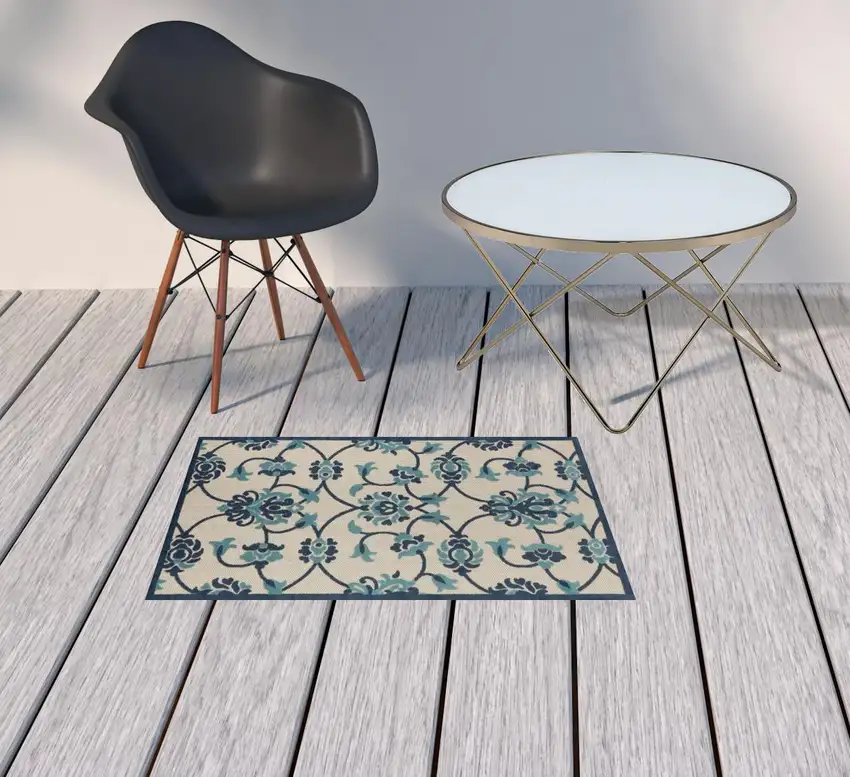 Blue Floral Non Skid Indoor Outdoor Area Rug Photo 3
