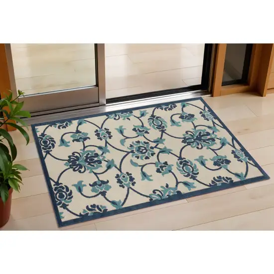 Blue Floral Non Skid Indoor Outdoor Area Rug Photo 1