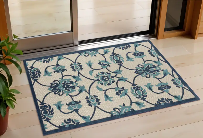 Blue Floral Non Skid Indoor Outdoor Area Rug Photo 1