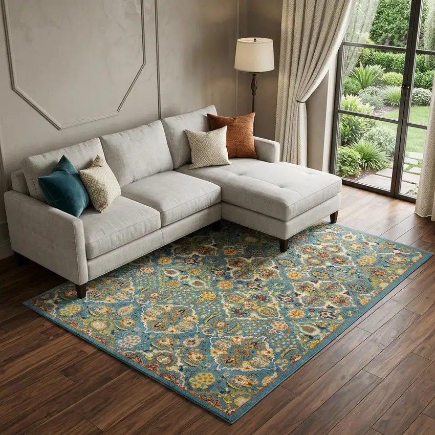 Blue Floral Power Loom Area Rug Photo 1