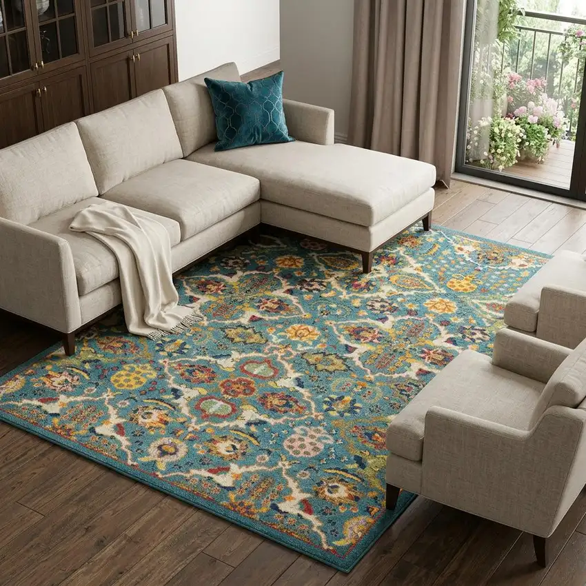 Blue Floral Power Loom Area Rug Photo 1