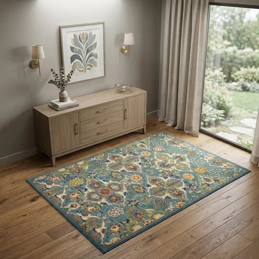 Blue Floral Power Loom Area Rug Photo 1