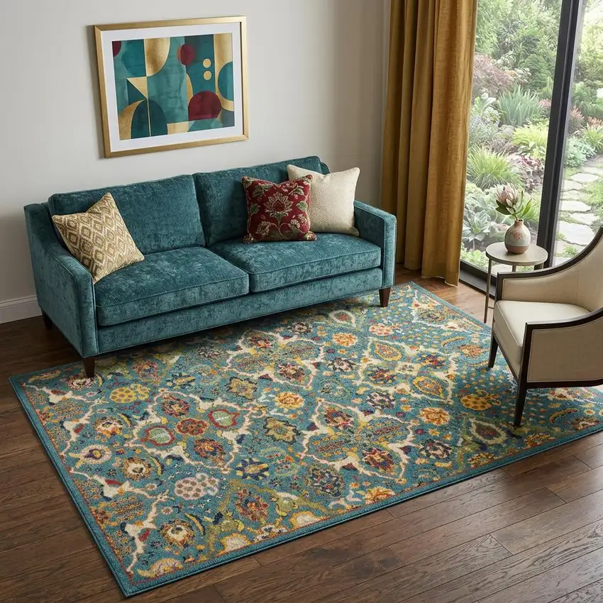 Blue Floral Power Loom Area Rug Photo 1